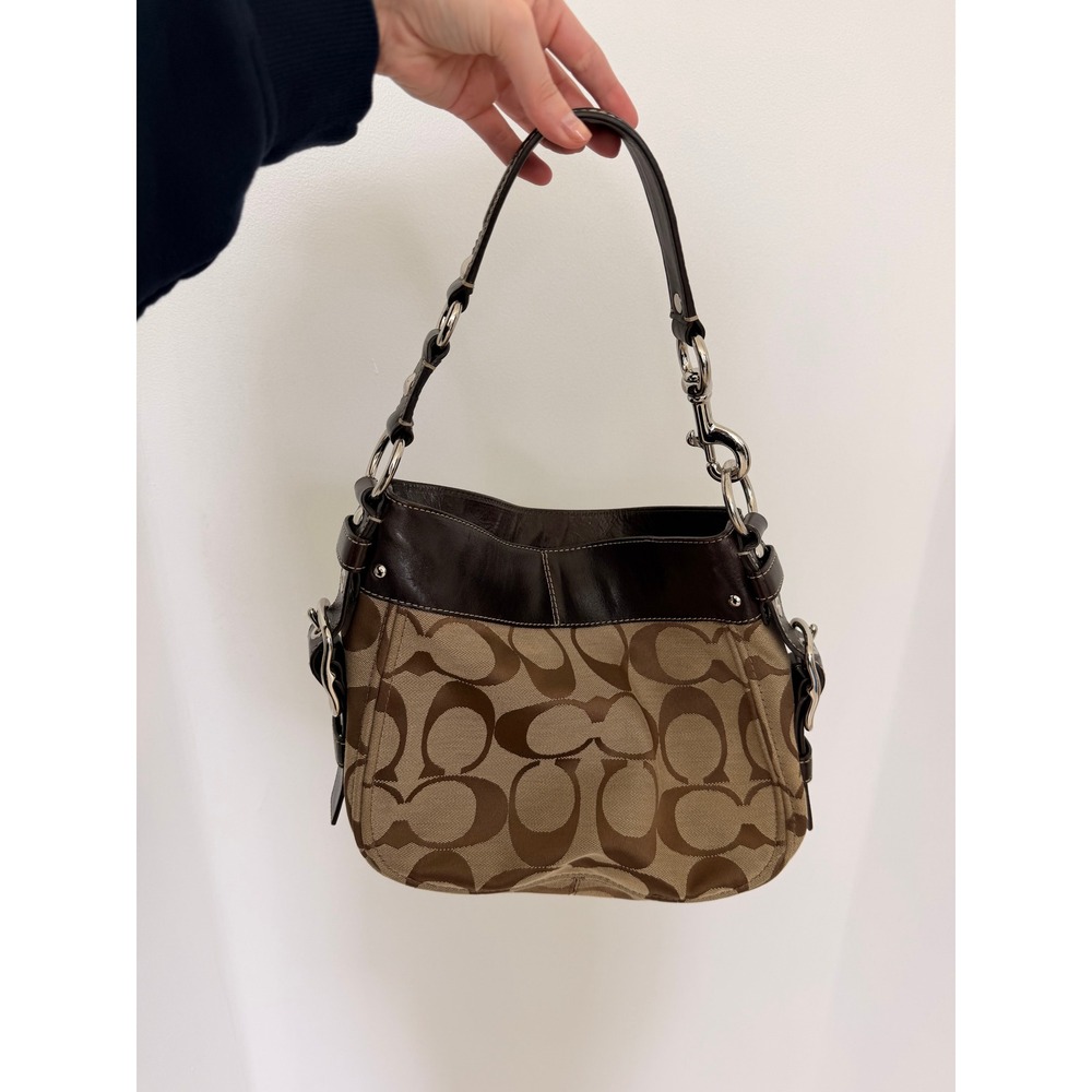 Coach Signature Jacquard Brown Leather Trim Hobo Shoulder Bag Monogram Canvas - Picture 1 of 16